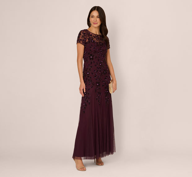 Aidan Mattox Hand Beaded Short Sleeve Floral Godet Gown In Night Plum
