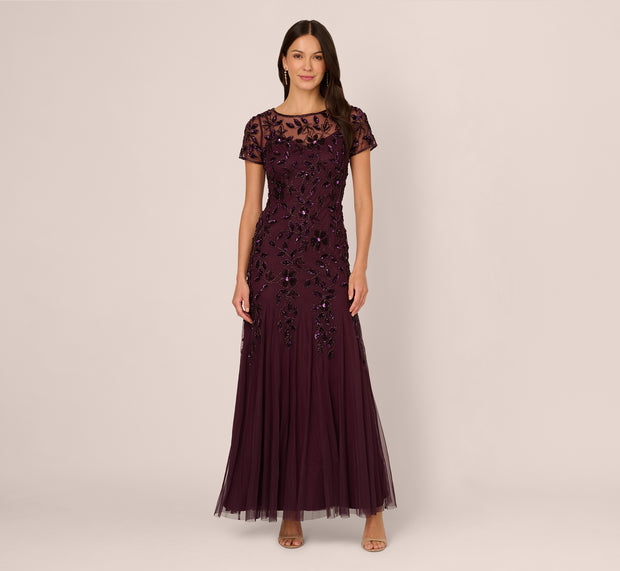 Aidan Mattox Hand Beaded Short Sleeve Floral Godet Gown In Night Plum