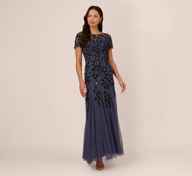 Aidan Mattox Hand Beaded Short Sleeve Floral Godet Gown In Smoky Peri
