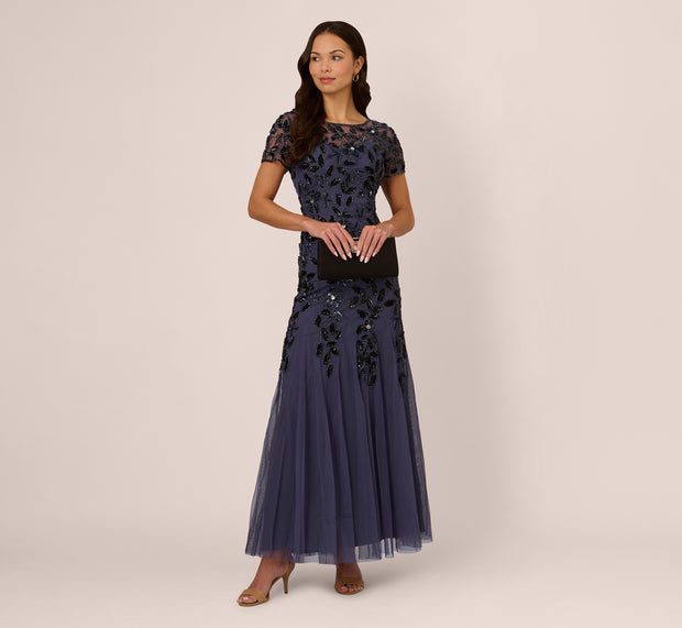 aidan mattox Hand Beaded Short Sleeve Floral Godet Gown In Smoky Peri