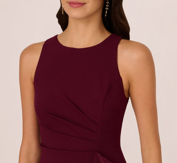 Aidan Mattox High Low Crepe Halter Gown With Organza Draping In Cabernet