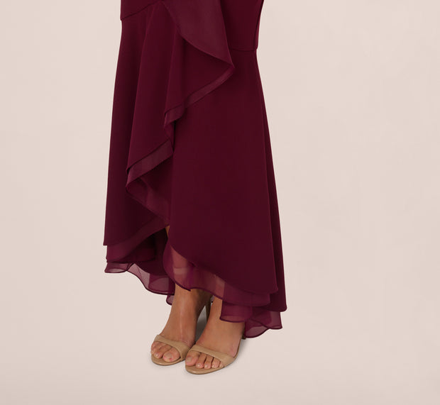 Aidan Mattox High Low Crepe Halter Gown With Organza Draping In Cabernet