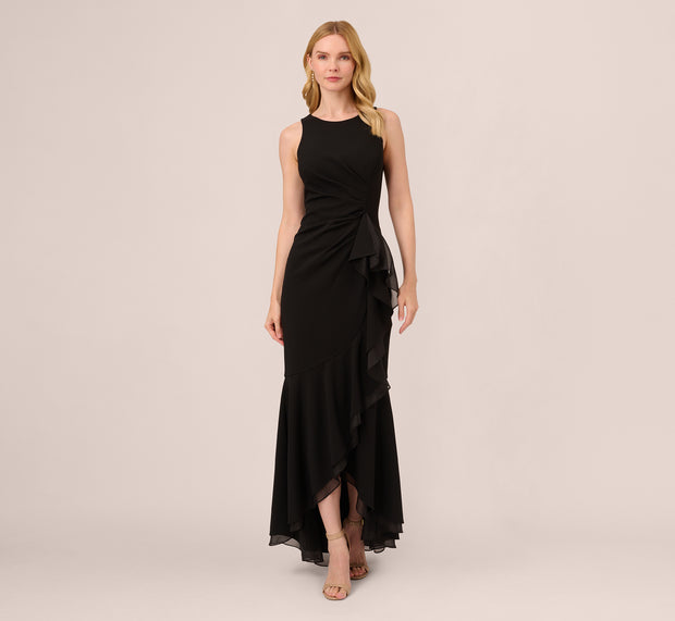 Aidan Mattox High Low Crepe Halter Gown With Organza Draping In Black