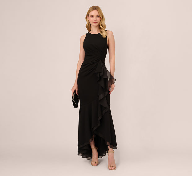 aidan mattox High Low Crepe Halter Gown With Organza Draping In Black