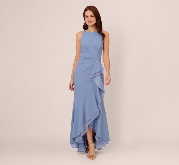 Aidan Mattox High Low Crepe Halter Gown With Organza Draping In French Blue