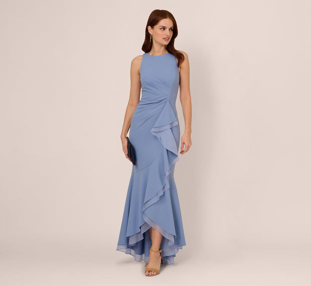 aidan mattox High Low Crepe Halter Gown With Organza Draping In French Blue