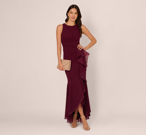 aidan mattox High Low Crepe Halter Gown With Organza Draping In Cabernet