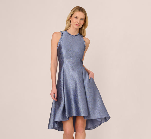 Aidan Mattox High Low Fit And Flare Crinkle Jacquard Dress In Spring Blue
