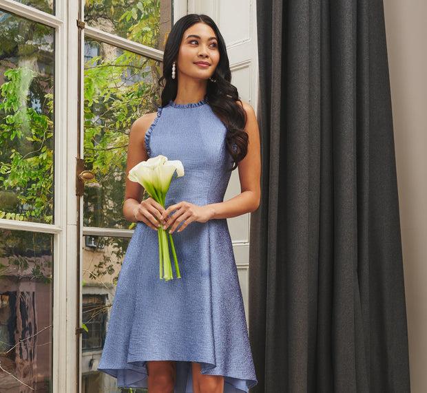 aidan mattox High Low Fit And Flare Crinkle Jacquard Dress In Spring Blue