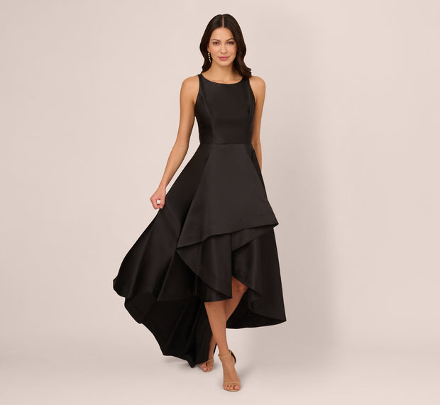 Aidan Mattox High Low Mikado Gown With Asymmetrical Detail In Black
