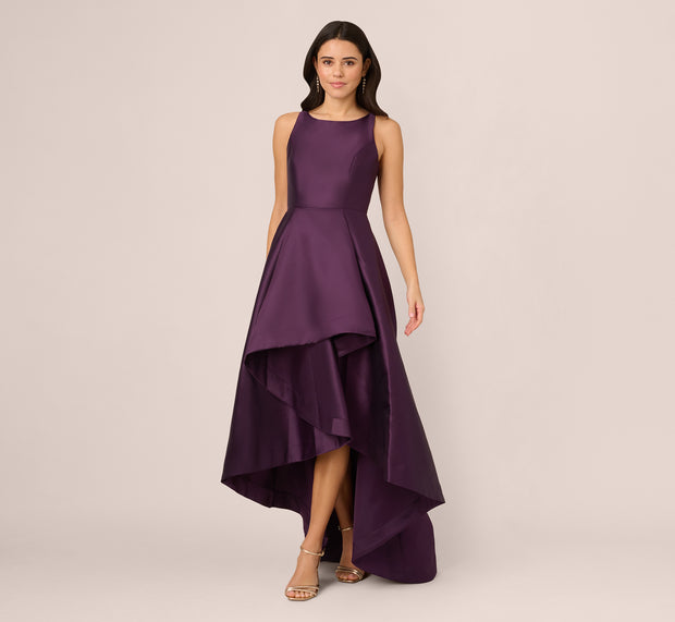 Aidan Mattox High Low Mikado Gown With Asymmetrical Detail In Luxe Plum