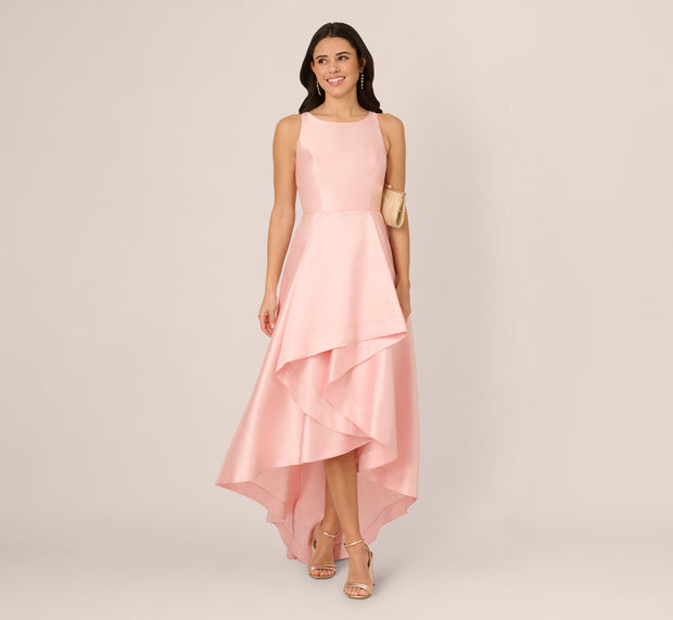 Aidan Mattox High Low Mikado Gown With Asymmetrical Detail In Pink Peach