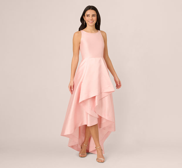 Aidan Mattox High Low Mikado Gown With Asymmetrical Detail In Pink Peach