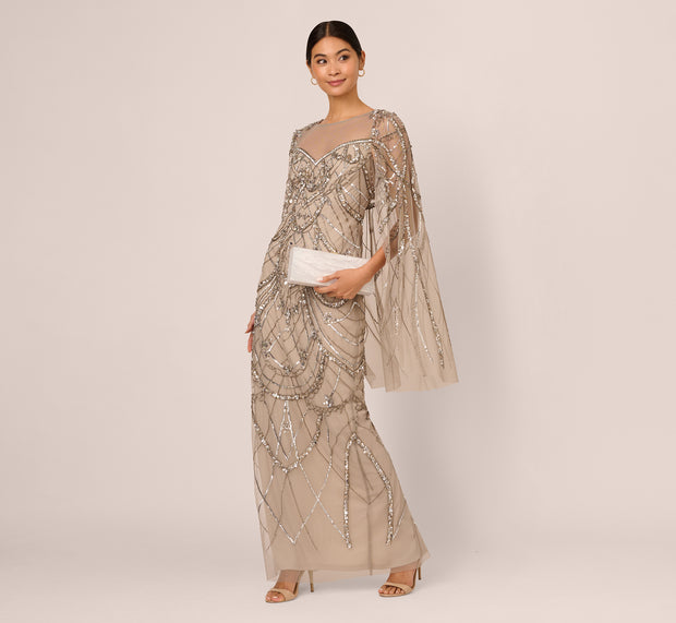 aidan mattox Illusion Beaded Cape Dress In Platinum