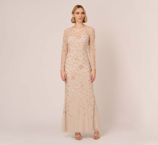 Aidan Mattox Illusion Floral Beaded Gown With Sheer Long Sleeves In Latte