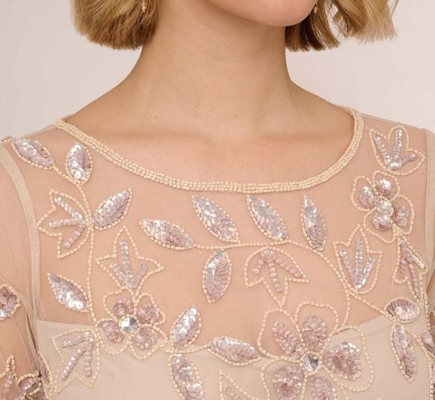 Aidan Mattox Illusion Floral Beaded Gown With Sheer Long Sleeves In Latte