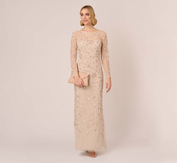 aidan mattox Illusion Floral Beaded Gown With Sheer Long Sleeves In Latte