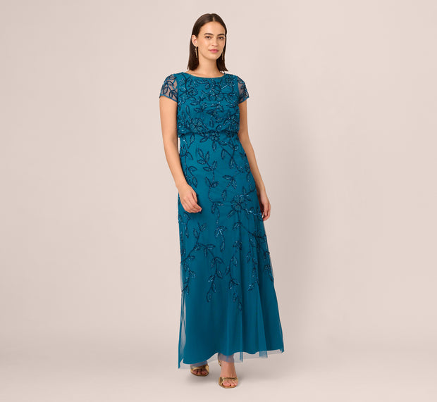 Aidan Mattox Jasmine Beaded Blouson Gown With Sheer Short Sleeves In Teal Sapphire