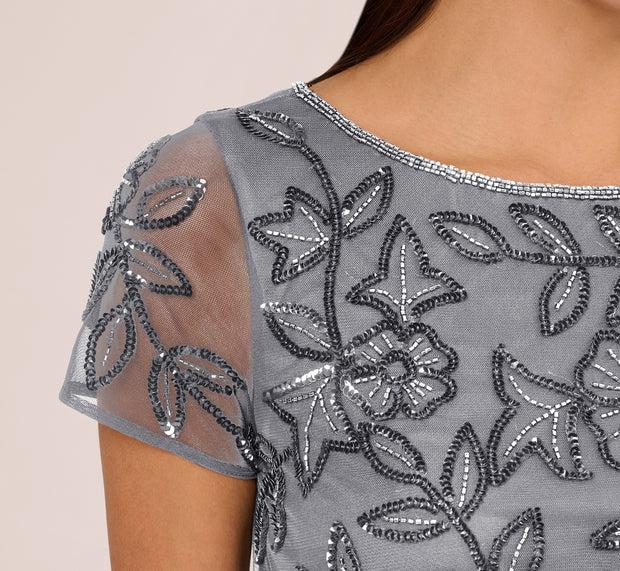 Aidan Mattox Jasmine Beaded Blouson Gown With Sheer Short Sleeves In Dusty Blue