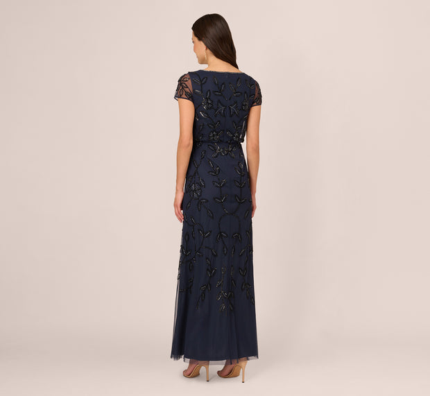 Aidan Mattox Jasmine Beaded Blouson Gown With Sheer Short Sleeves In Navy Black