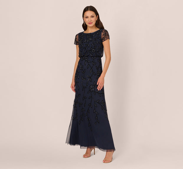 aidan mattox Jasmine Beaded Blouson Gown With Sheer Short Sleeves In Navy Black