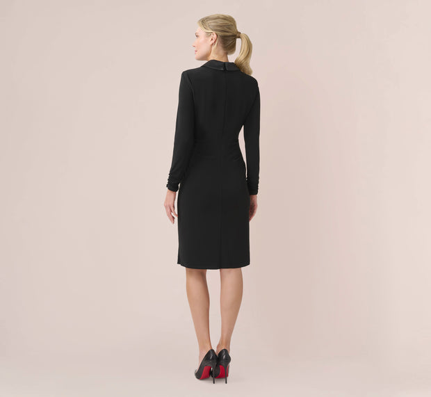 Aidan Mattox Jersey And Satin Short Sheath Tuxedo Dress In Black