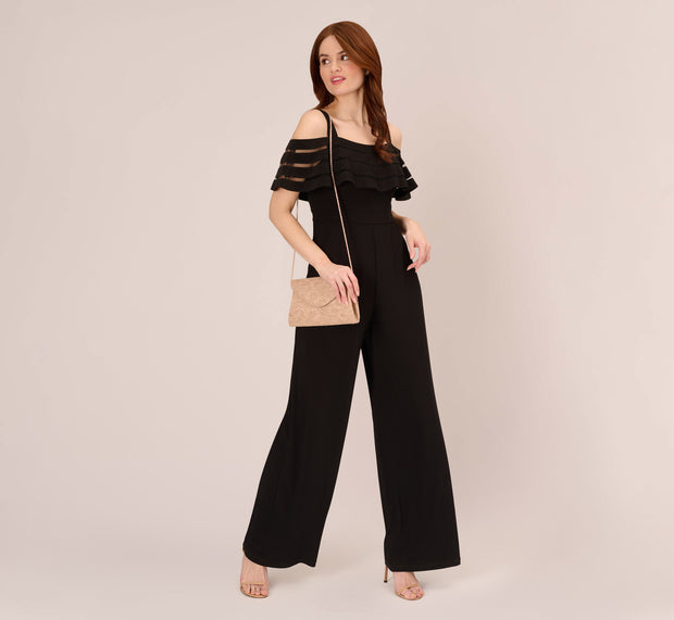 aidan mattox Jersey Banded Ruffled Jumpsuit With Cold Shoulder In Black