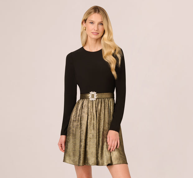 Aidan Mattox Jersey Metallic Combo Short Dress In Black Gold