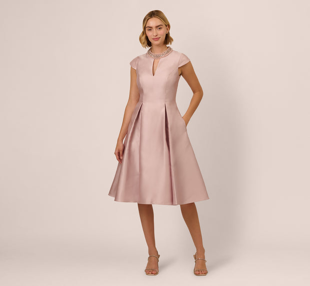 Aidan Mattox Key Hole Mikado Cap Sleeve Midi Dress In Bellini