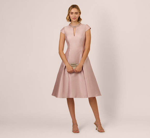 aidan mattox Key Hole Mikado Cap Sleeve Midi Dress In Bellini