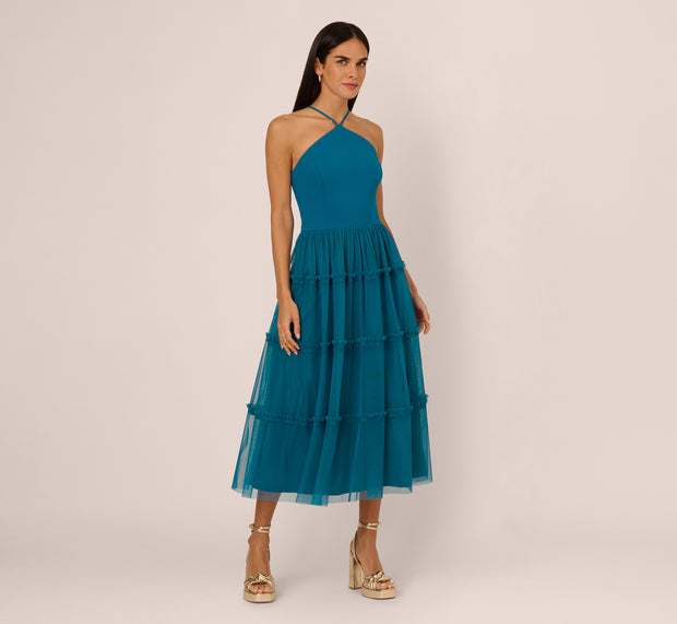 Aidan Mattox Knit And Mesh Tiered Midi Halter Dress In Peacock