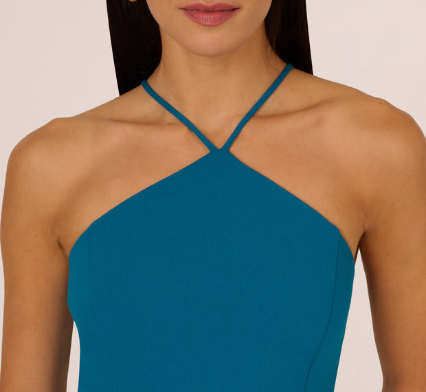 Aidan Mattox Knit And Mesh Tiered Midi Halter Dress In Peacock