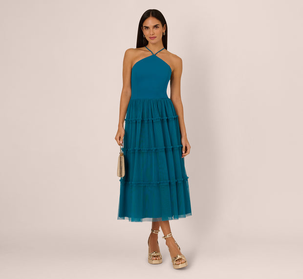 aidan mattox Knit And Mesh Tiered Midi Halter Dress In Peacock