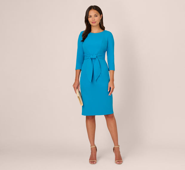 aidan mattox Knit Crepe Bow Sheath Dress With Three Quarter Sleeves In Blue Coast