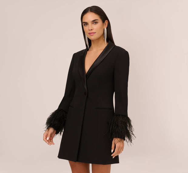 Aidan Mattox Knit Crepe Long Sleeve Blazer Dress With Feather Trim In Black
