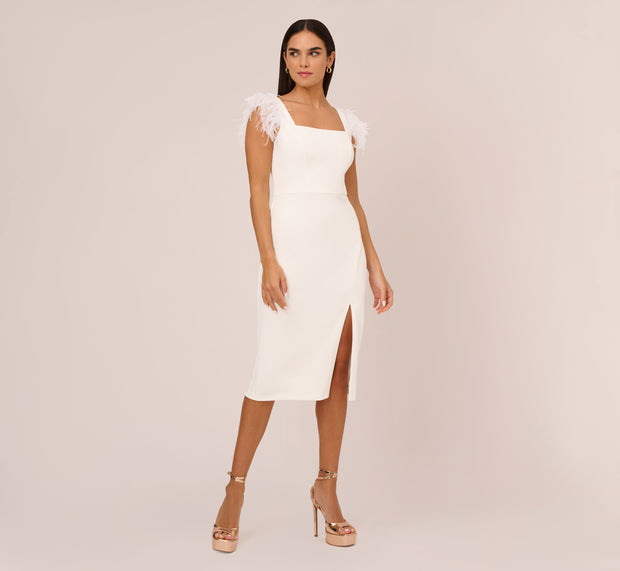 Aidan Mattox Knit Crepe Midi Dress With Feather Shoulder Accents In Ivory