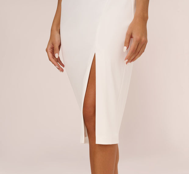 Aidan Mattox Knit Crepe Midi Dress With Feather Shoulder Accents In Ivory