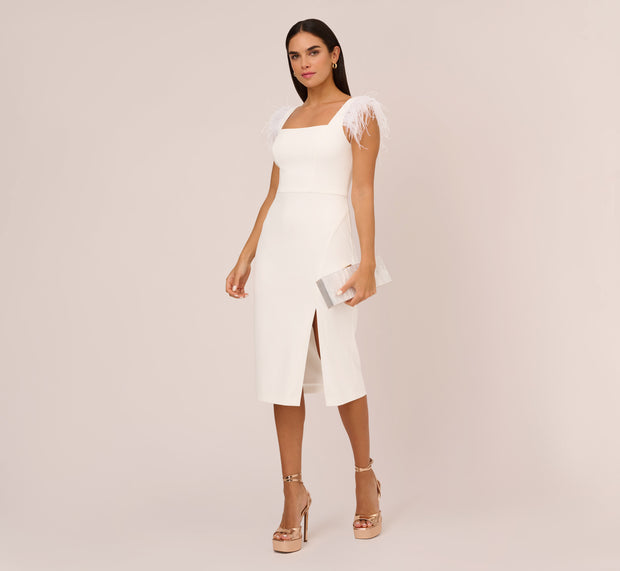 aidan mattox Knit Crepe Midi Dress With Feather Shoulder Accents In Ivory
