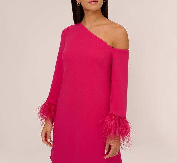 Aidan Mattox Knit Crepe One Shoulder Long Sleeve Dress With Feather Accents In Brig