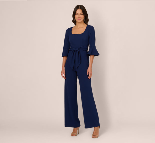 Aidan Mattox Knit Crepe Wide Leg Jumpsuit With Bell Sleeves In Navy Sateen