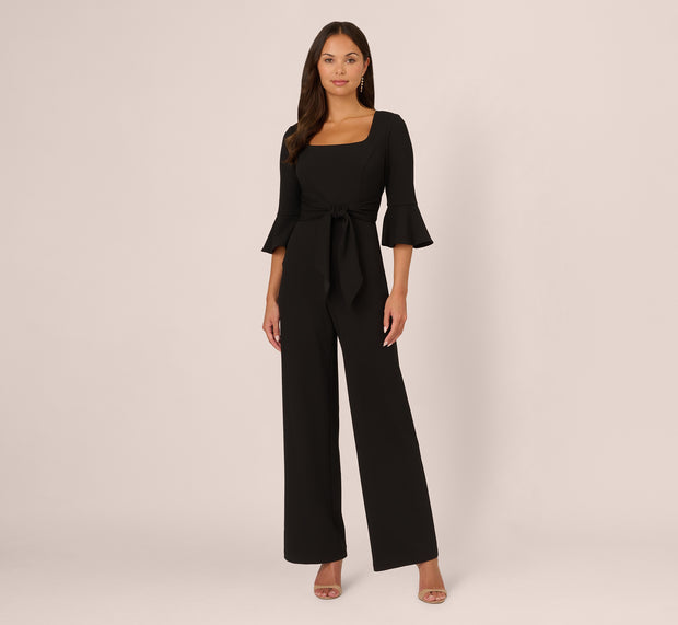Aidan Mattox Knit Crepe Wide Leg Jumpsuit With Bell Sleeves In Black