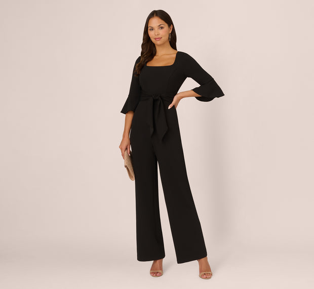 aidan mattox Knit Crepe Wide Leg Jumpsuit With Bell Sleeves In Black