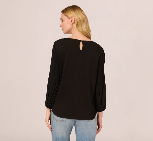 Aidan Mattox Knit Top With Pleated Sleeves In Black
