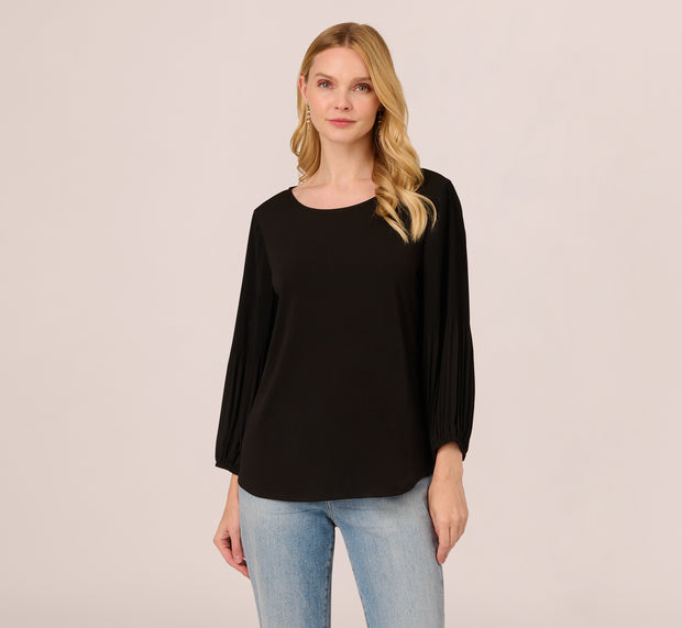 aidan mattox Knit Top With Pleated Sleeves In Black