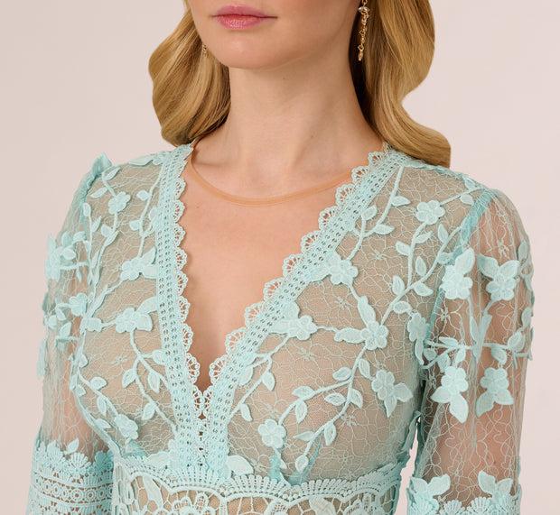 Aidan Mattox Lace Embroidered V Neck Dress With Elbow Sleeves In Airy Aqua