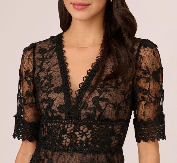 Aidan Mattox Lace Embroidered V Neck Dress With Elbow Sleeves In Black Nude