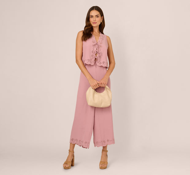 Aidan Mattox Lace Hem Tie Front Shirt And Pull On Pant Set In Deauville Mauve