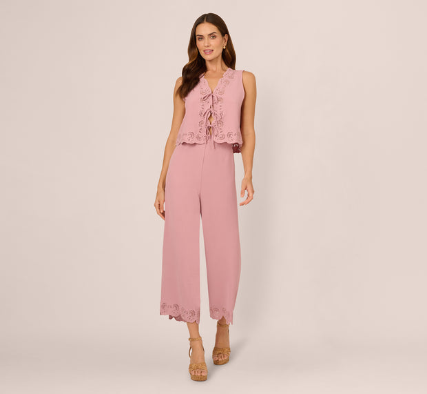 Aidan Mattox Lace Hem Tie Front Shirt And Pull On Pant Set In Deauville Mauve