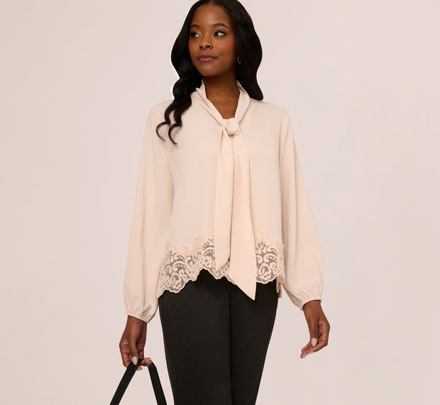 Aidan Mattox Lace Hem Tie Neck Blouse In Powder Blush