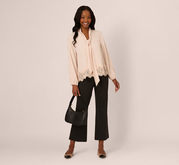 Aidan Mattox Lace Hem Tie Neck Blouse In Powder Blush